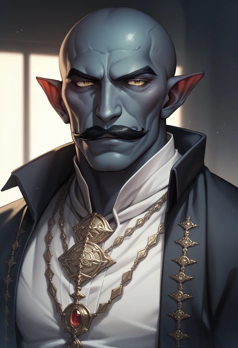 A good looking rakshasa of Indian mythology dark blue skin pointy ear bald head black moustache muscular black eyebrows body dark background