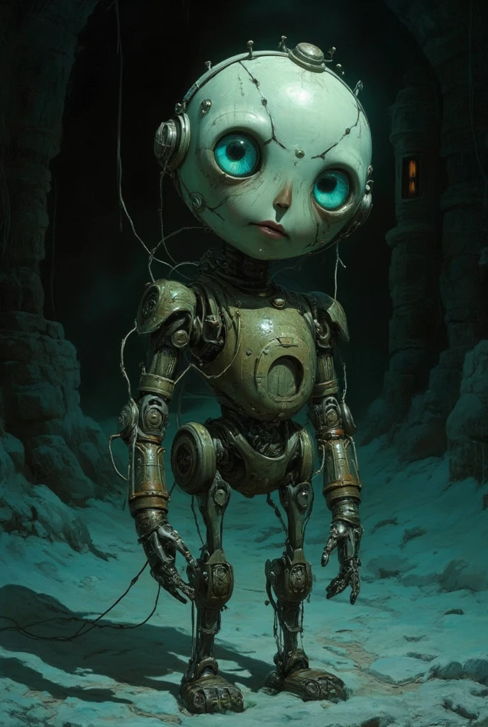 Full length view. Little funny robot, porcelain face and head, big turquoise eyes, best quality.  digital painting, high quality, the darkest and longest night of the year, style by Ralph Blakelock, Ed Emshwiller, Marianne Wroten, Arthur Rackham, Niko Anttila.
