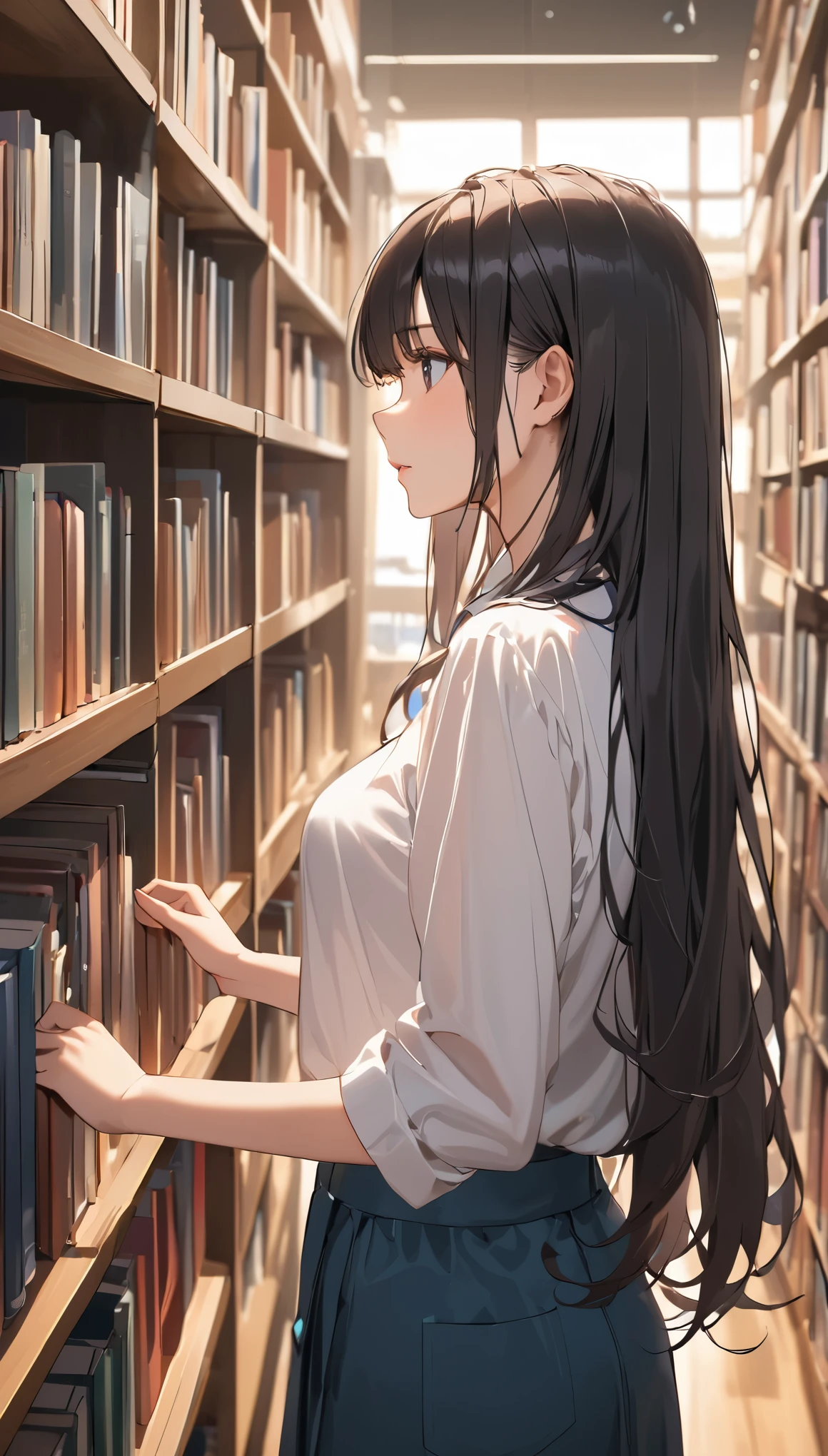 (masterpiece), One Girl, long hair, Black Hair, A woman browsing through bookshelves, her attention focused on the rows of books