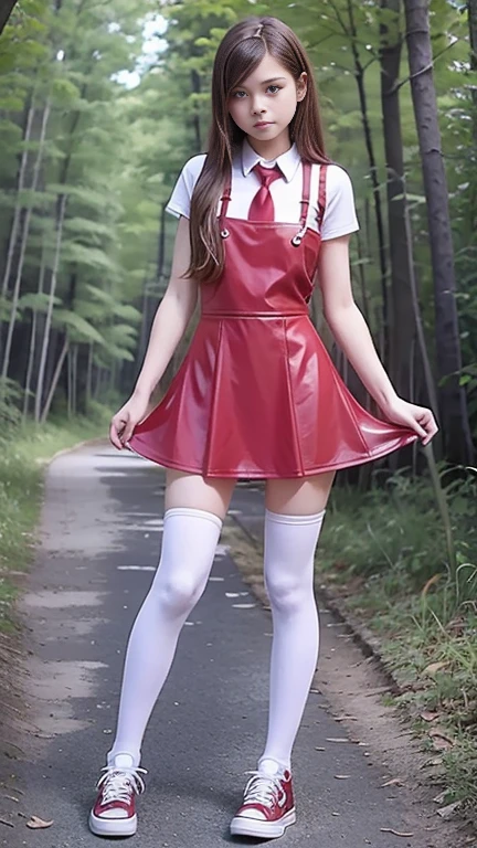 Cute teen  beautiful ******girl ,  beautiful  teen face, red leather skater pinafore dress ,  transparent white blouse, short sleeves, red silk tie , brunette long hair,  beautiful eyes. stockings,  Sneakers,  schoolgirl - standing in the forest,   photorealistic , sad face, skater pinafore, skater dress, full size figure, sneakers 