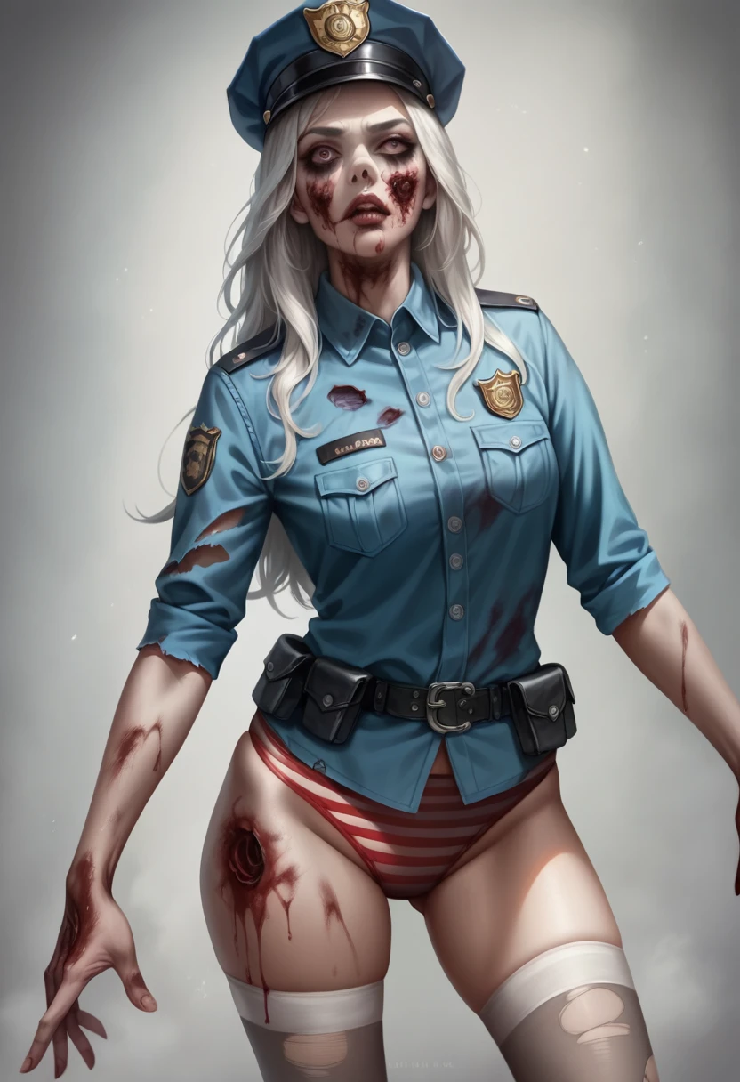 Photorealistic, high resolution, A Japanese Zombie police woman named Kimmi, solo, heavy makeup, Hips up, (Detailed face), Black and white  hair, Long hair. Blood stained face. Red striped underwear , Ripped white stockings . Fully clothed ripped police uniform 