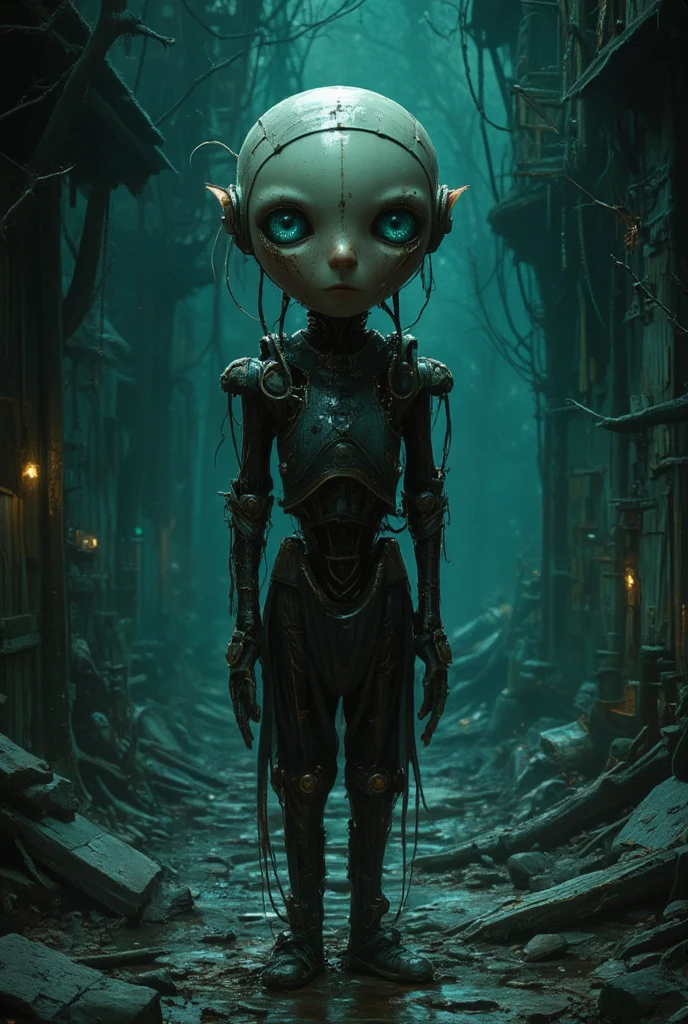 Full length view. Little funny robot, porcelain face and head, big turquoise eyes, best quality.  digital painting, high quality, the darkest and longest night of the year, style by Ralph Blakelock, Ed Emshwiller, Marianne Wroten, Arthur Rackham, Niko Anttila.
