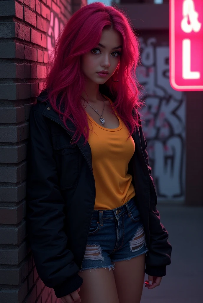 (masterpiece, best quality, 1 girl, alone, intricate details, Chromatic Aberration), actual, ((Moderate breathing)),long hair, Red hair, red decoration on head, pink highlights, Amber eyes, earrings, Sharp eyes, necklace, neon shirt, ripped shorts, unbuttoned jacket, turtleneck sweater, night, Leaning against the wall, Brick wall, doodle, dim lights, alley, look at the audience, 5 inch silver ankle strap pointed toe stiletto heels, Transparent patterned stockings