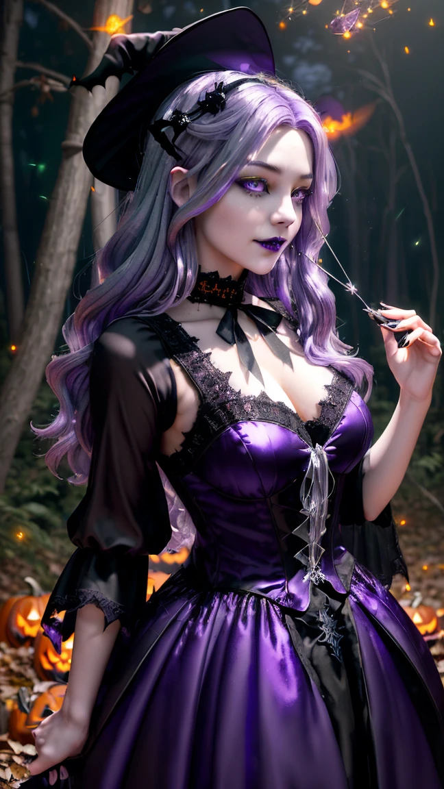 ((Beautiful young witch:1.3) with ((flowing silver-purple hair:1.2) and (enchanting violet eyes:1.1)), ((elegant gothic Halloween dress:1.2) with (intricate lace patterns:1.1) and (flowing black ribbon details:1.0)), (gentle smile:1.1)) BREAK ((mystical forest clearing:1.1) at (twilight:1.0), (autumn leaves dancing in the wind:1.1)) BREAK ((magical purple fireflies:1.2) surrounding character), ((carved pumpkins:0.9) emitting (soft orange glow:1.1)) BREAK (ethereal atmosphere:1.2), (volumetric moonlight filtering through branches:1.1), (subtle magical sparkles:0.9) BREAK masterpiece, ultra high resolution, best quality, ray tracing, soft volumetric lighting, ambient occlusion, subsurface scattering