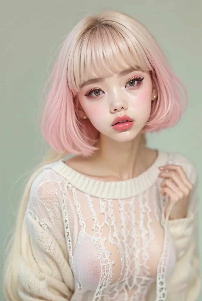 ((Very realistic)), (  super realistic), If you use 、 very realistic images are generated  ,  white back drops ,,Remove  female、 short pink black bob hair  ,  hide your forehead with bangs  , white silver eyes  ,Long False Eyelashes, clear eyeliner 、Thick lips,,  moisturized drips dyed with clear lip balm、  open the center of your lips  、 very detailed lips, Big Mouth, full, fluffy,  shiny lips with lip balm  、Pale pink lips , Clear Lip Gloss、  white off the shoulder sheer sweater ,Black tights、  full body portrait  , 