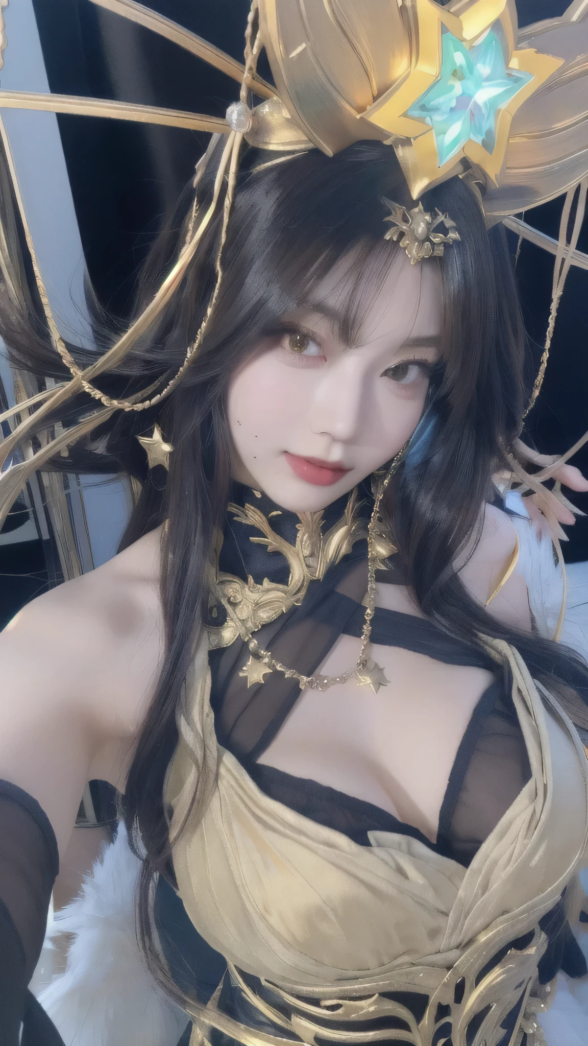 a close up of a woman in a costume with a star on her head, ornate cosplay, anime goddess, irelia from league of legends, cosplay, professional cosplay, anime cosplay, ig model | artgerm, extremely detailed goddess shot, senna from league of legends, irelia, glamourous cosplay, albedo from overlord, anime girl cosplay