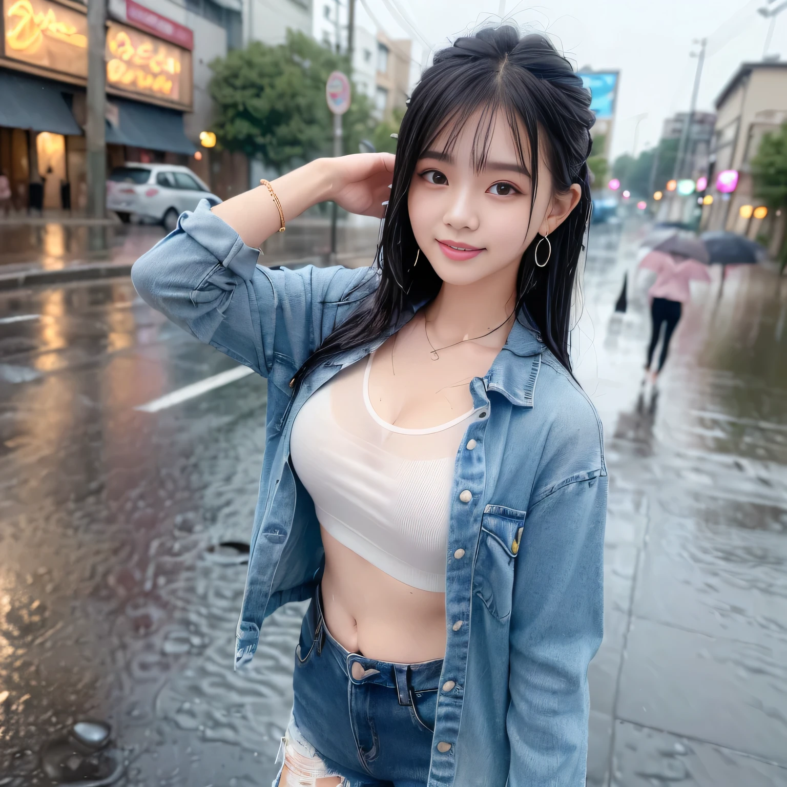 1 Japanese beautiful girl,28yo girl, Super beautiful detailed face, (smile:1.4), earrings, (brown very short pixie hair over one eye with parted bangs:1.3),(front view), (medium shot), (chubby body), (neutral-colored large areola),nipples, BREAK, masterpiece, best quality, ultra quality, high quality, realistic, photo realistic, RAW photo, hyper detailed, intricate detaile,(crowded street:1.3),cinematic lighting,(denim shorts),(no bra),wetshirt,white T-shirt,(wet hair),(wet clothes), ((dark cloud and sky)), raining, (rain filtered), (rain splashes in water),(lightning:1.4),(raindrops:1.1),(downpour:1.2),(raining:1.3),(nipples poking through shirt),