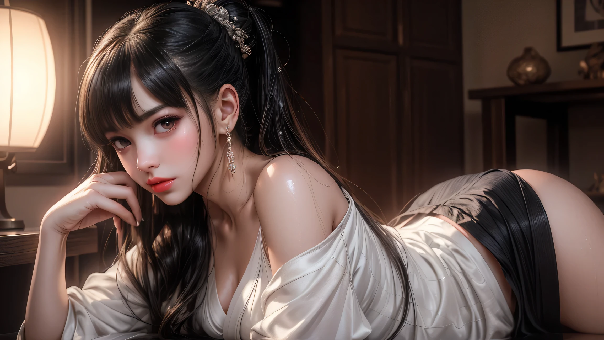 best qualtiy,tmasterpiece,超高分辨率,(realisticlying:1.4),RAW photogr,1eldritch girl,bshoulders,in the darkness nigth,deep shading,low tune,Cold light nudity,tear-mole,onbed,lying down,onbed,No clothing,Condescending,The chest is not covered,Double,Men behind women