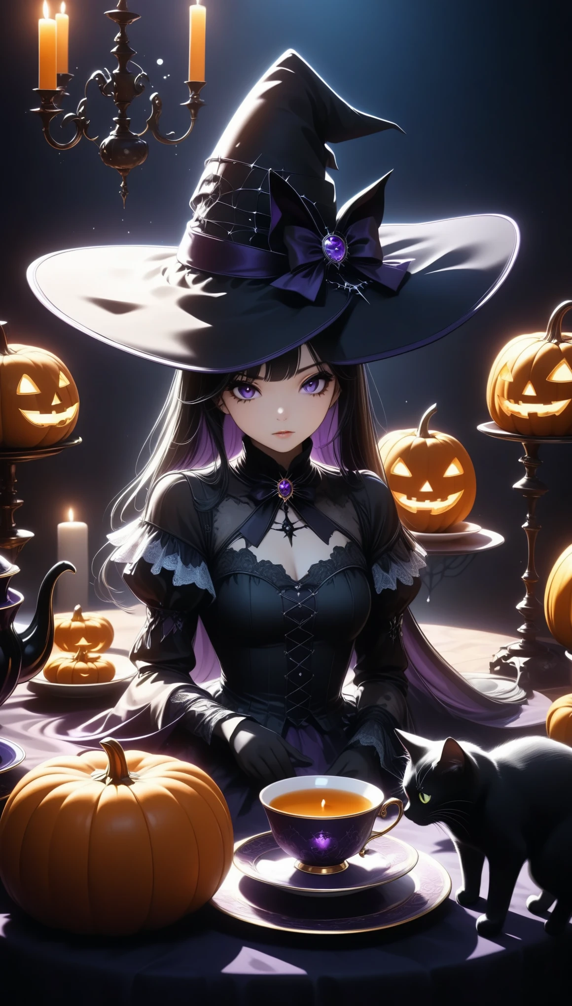  Witch Having a Halloween Tea Party、 Detailed Teacup and Saucer 、 Intricate Teapot 、candlestick、Pumpkin、Spiderweb Table 、Black Cat、Moody lighting、(Best Quality:1.2、 very detailed 、 super high definition、 high contrast 、 Anime style 、 detailed CG illustration、masterpiece:1.2、Best aesthetics)、  Dark Fantasy 、 DRAMATIC LIGHTING 、Rich colors、Gothic、 Dramatic Shadows 