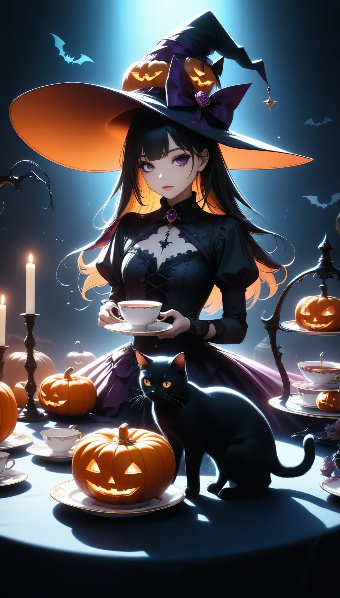  Witch Having a Halloween Tea Party、 Detailed Teacup and Saucer 、 Intricate Teapot 、candlestick、Pumpkin、Spiderweb Table 、Black Cat、Moody lighting、(Best Quality:1.2、 very detailed 、 super high definition、 high contrast 、 Anime style 、 detailed CG illustration、masterpiece:1.2、Best aesthetics)、  Dark Fantasy 、 dramatic lighting 、Rich colors、Gothic、 Dramatic Shadows 