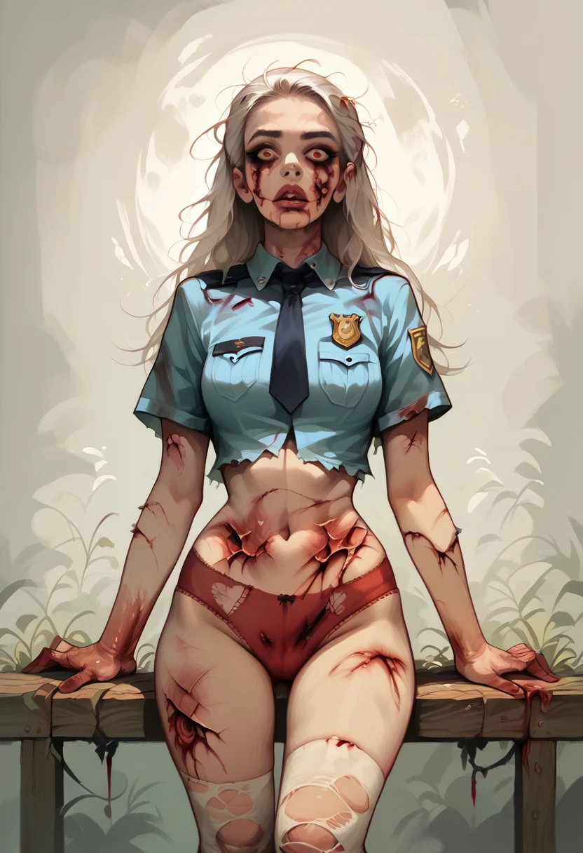 Photorealistic, high resolution, A Japanese Zombie police woman named Kimmi, solo, heavy makeup, Hips up, (Detailed face), Black and white  hair, Long hair. Blood stained face. Red striped underwear , Ripped white stockings . ripped police uniform 