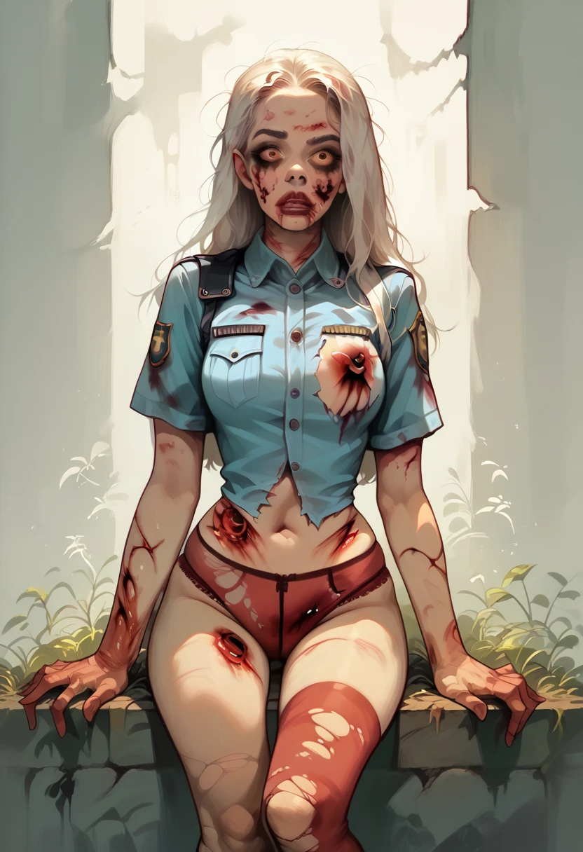 Photorealistic, high resolution, A Japanese Zombie police woman named Kimmi, solo, heavy makeup, Hips up, (Detailed face), Black and white  hair, Long hair. Blood stained face. Red striped underwear , Ripped white stockings . ripped police uniform 