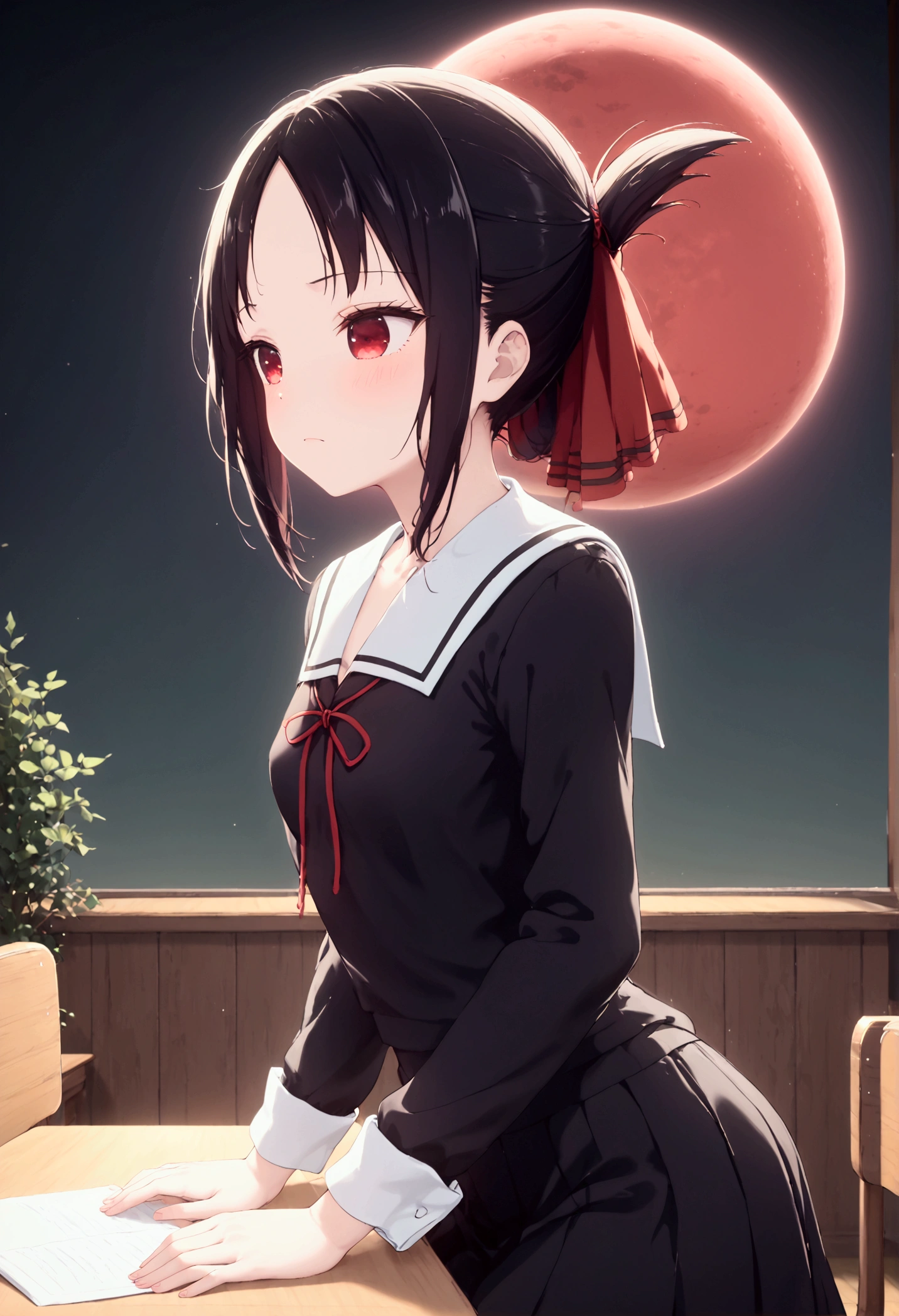   High image quality   、masterpiece、  high quality、    High Resolution    、 clear、Full HD、4K、Standing posture、Side view、Depiction above chest only 、Look straight ahead、The number of fingers is 4、 Small breasts、 Kaguya-sama wants to tell、 red ribbon on head 、 Black Hair 、 Red eyes、Eyes shine in the dark 、delicate、Cold Stare、Black school uniform、white sailor collar 、Sit at a desk、 red string ribbon on the chest 、The entire background is a red moon