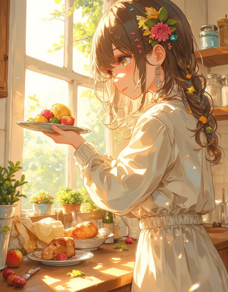 1girl,solo,cute girl,bright color,detail eyes,magic eyes,de01,A radiant, sunlit kitchen bathed in soft golden light, where a that graceful young girl stands by a wooden table. She holds a single slice of freshly baked bread delicately in her hand, gazing at it with a serene and thoughtful expression. The bread glows with warmth, as if representing simplicity and comfort. Her long, flowing hair catches the sunlight streaming through the large window, creating a halo of brilliance around her. The bright, airy atmosphere, with rustic decor and soft pastel tones, adds to the charm, making the entire scene feel poetic and deeply creative. The contrast between her youthful elegance and the humble bread makes the image both captivating and peaceful, celebrating the beauty of everyday moments