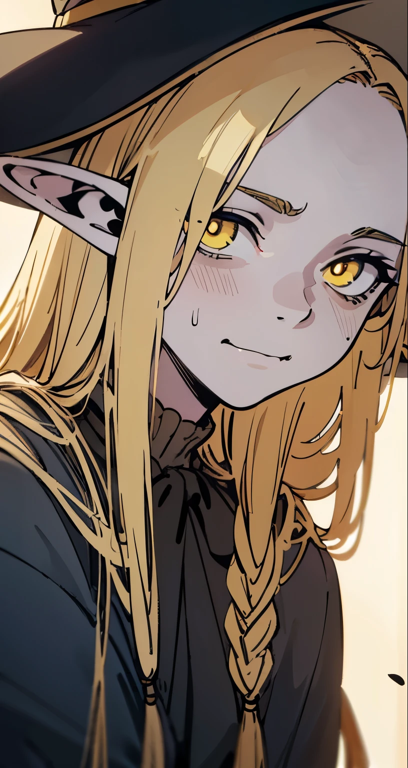 { 4k wallpaper : illustration : beautiful detailed eyes : extremely detailed face : perfect lighting : extremely detailed CG } { half-monochrome filter }{ horror gloomy atmosphere} { dark horror theme } { in a dark  room } { possessed Marcille : long elegant blonde hair : elf  : glowing yellow eyes :  : perfectly shape breast : perfectly smooth fit  body : cute face :  :  : looking at viewer : smug : devious smile : sweating  } { Witch_academy_outfit : witch_hat } { smooth : }