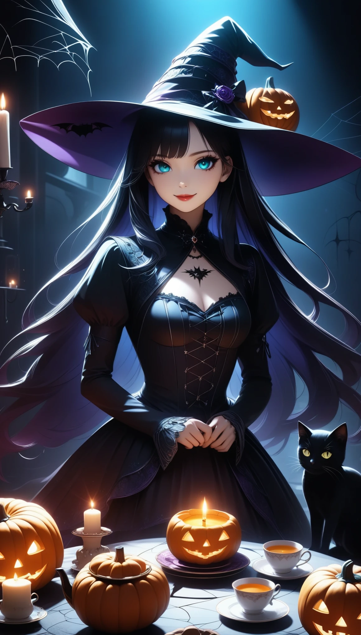  Witch Having a Halloween Tea Party、smile、Detailed face、Detailed eyes、Detailed lips、Long Hair、Detailed Hair、Detailed clothing、 Detailed Teacup and Saucer 、 Intricate Teapot 、candlestick、Pumpkin、Spiderweb Table 、Black Cat、Moody lighting、(Best Quality:1.2、 very detailed 、 super high definition、 high contrast 、 Anime style 、 detailed CG illustration、masterpiece:1.2、Best aesthetics)、  Dark Fantasy 、 DRAMATIC LIGHTING 、Rich colors、Gothic、  Dramatic Shadows 