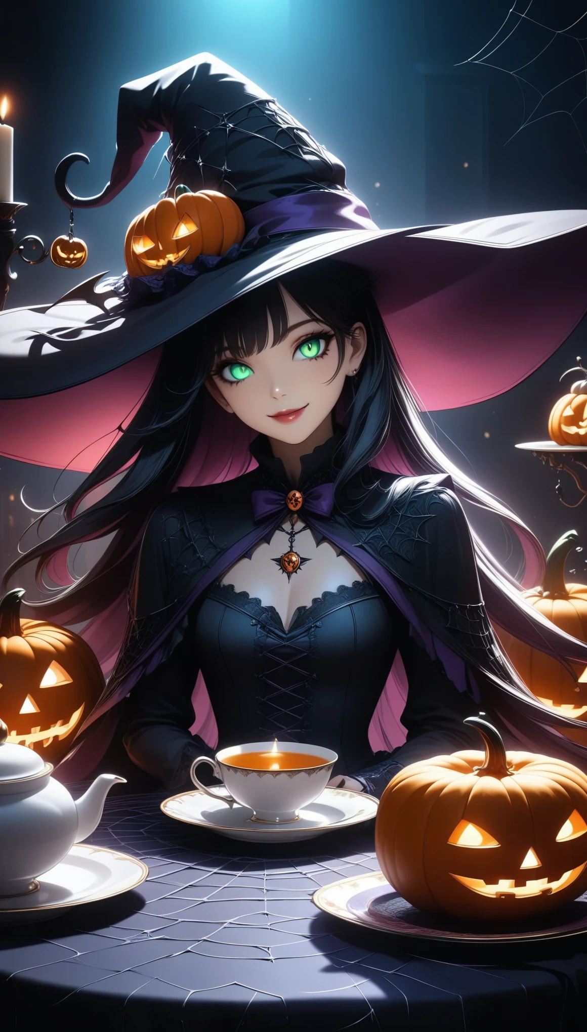  Witch Having a Halloween Tea Party、smile、Detailed face、Detailed eyes、Detailed lips、Long Hair、Detailed Hair、Detailed clothing、 Detailed Teacup and Saucer 、 Intricate Teapot 、candlestick、Pumpkin、Spiderweb Table 、Black Cat、Moody lighting、(Best Quality:1.2、 very detailed 、 super high definition、 high contrast 、 Anime style 、 detailed CG illustration、masterpiece:1.2、Best aesthetics)、  Dark Fantasy 、 dramatic lighting 、Rich colors、Gothic、  Dramatic Shadows 