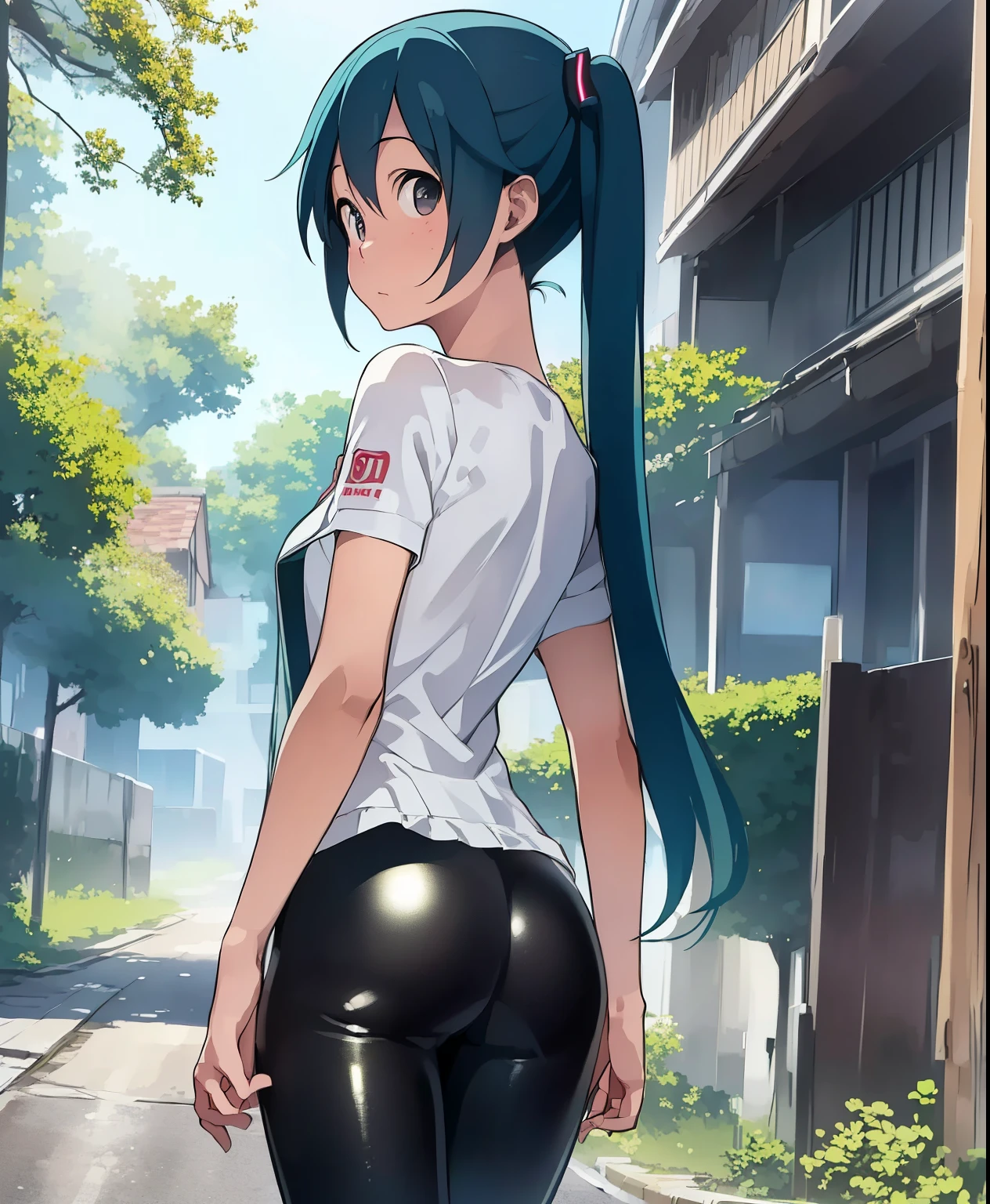 (masterpiece、Best Quality、Best Quality、Official Art、Beautiful and beautiful:1.2)、(One person:1.3) Hatsune Miku、 twin tails,Beautiful breasts, Road Bike、Turn your back、look back、Racer pants、street tree、Push Racerwear 、 18 year old girl