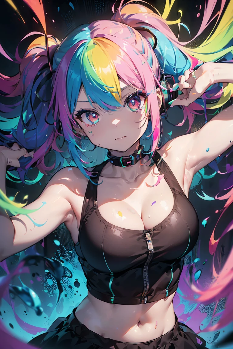 Anime Girls, (Swimwear) , Exposing shoulders, (Big Breasts:1.3), ((Superior:1.3, Perfect Eyes ,Beautiful and detailed, 超Familiarなターコイズの目を輝かせます:1.1, Gradient Eye:1, Beautiful Familiar eyes:1, Symmetrical eyes:1, Big Eye Highlights:1.2)), Very shy, blush, (Open your mouth), Concerned, In a psychedelic room , Psychic trance illustrations, psychedelic art style, Neon Color Theme, (((masterpiece))), (Complex), 8k, highest quality, (Visual Strength: 1.5),Thin 5 fingers, Accurate anatomy,
(((liquid paint hair:1.1))) ,(((neon Purple Hair | Emerald Hair | Bright green hair | Neon pink hair | Neon blue hair | Neon Aqua Hair | Purple Hair | Fuchsia colored hair | Fluorescent blue hair | Amethyst Hair | Neon Hair | Bright pink hair :1.5))), ((Painted、Defying Gravity,Thick flow),(Paint splashes:1.3), (Shiny Hair: 1.3), (Bright colors), Dynamic pose, Embarrassing,in the center,Scale to fit,Three-part method, Liquid coating stop,
Colorful background, Colorful Themes, Splash paint play, Beautiful light, Colorful light particles,High contrast in clothing, Color Splash, Color Drawing Wall, Complex Familiar, Exposure Blending, High resolution, (Graffiti art),more_Familiar:0.5,