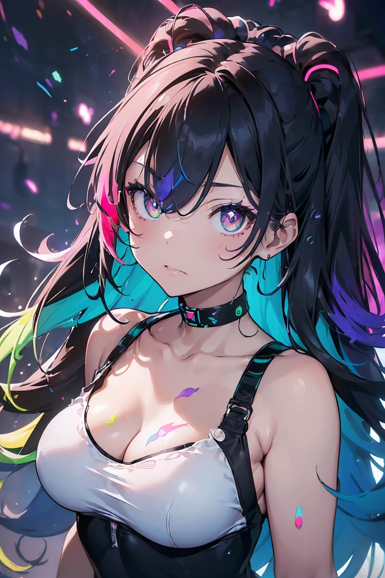 "{{masterpiece}}, highest quality, Cinema Lighting, Captivating lens flare, Medium sized breasts, Exquisitely drawn eyes, Bright multicolored hair, Fascinating colorful light particles, Fascinating Heterochromia Iridum, (Vivid and vibrant:1.5), (Vibrant and lively hair:1.5)."