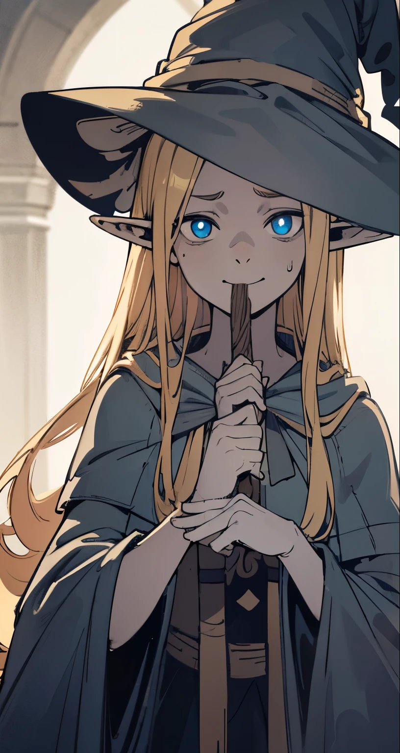 { 4k wallpaper : illustration : beautiful detailed eyes : extremely detailed face : perfect lighting : extremely detailed CG } { half-monochrome filter }{ horror gloomy atmosphere} { dark horror theme } { in a dark  room } { possessed Marcille : long elegant blonde hair : elf  : glowing blue eyes :  : perfectly shape breast : perfectly smooth fit  body : cute face :  :  : looking at viewer : smug : devious smile : } { Witch_academy_outfit : witch_hat } { smooth : }