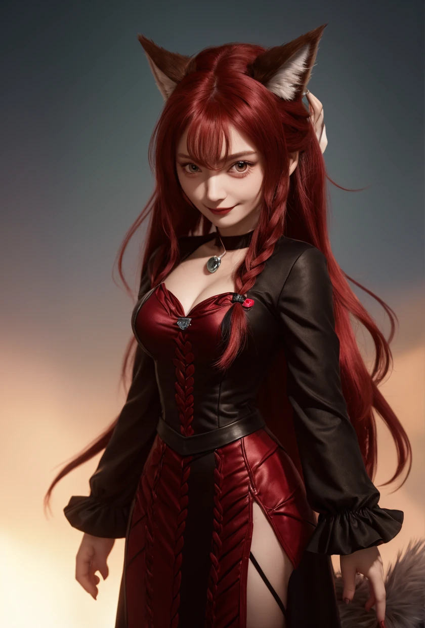 Red hair woman braids long red lenses in eyes, expression of anger
