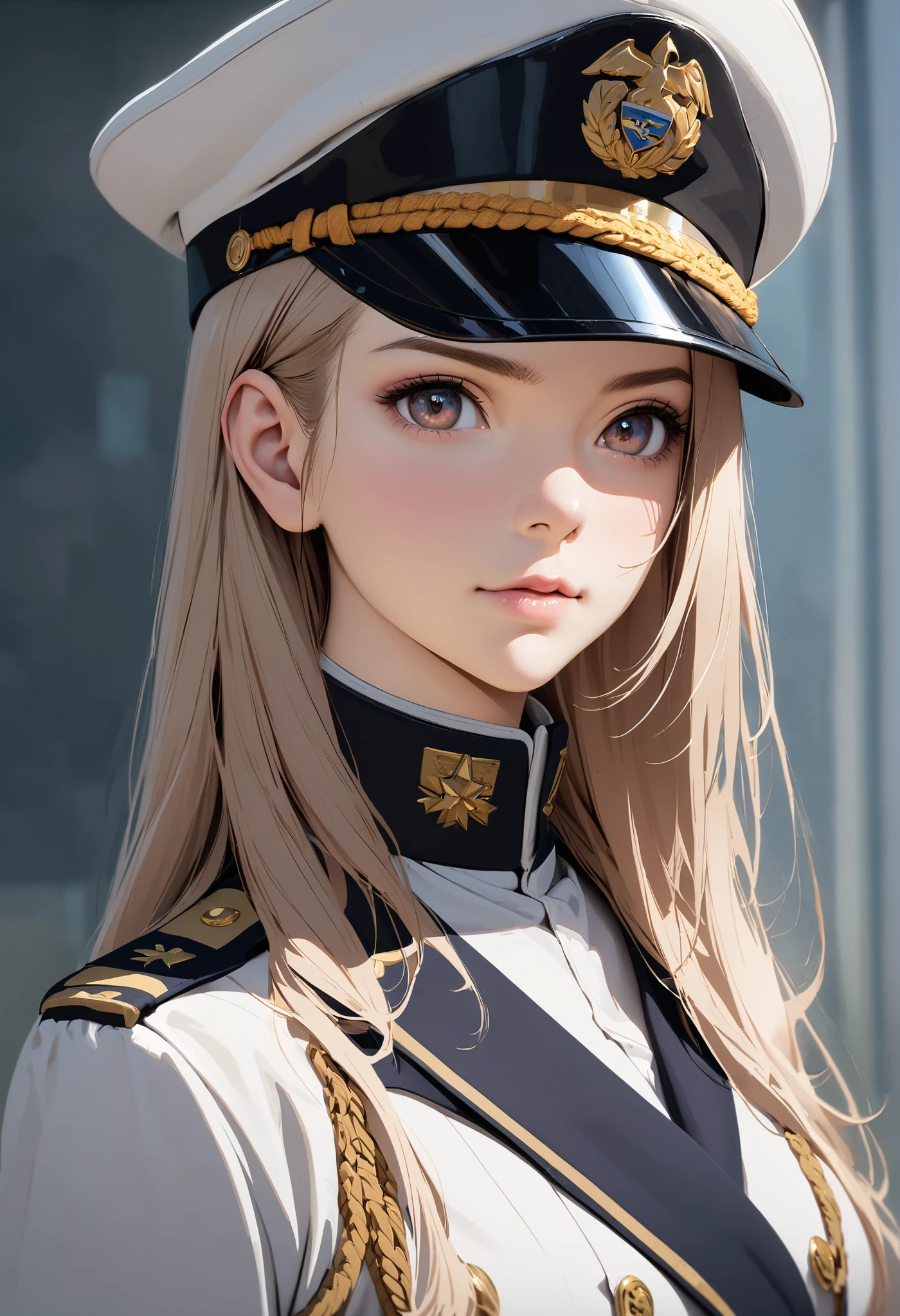  young beautiful woman,(Best Quality,Very detailed depiction, Incredible High Resolution , Anatomically Accurate Depiction ,High quality anime drawings),(Female admiral),(Blue and white military uniform,Admiral&#39;s Uniform, wearing sunglasses on her head),(Purple Eyes,Eyes half closed:1.2,Cute charm , Pottery Skin ,),(Full body image),Purple light,