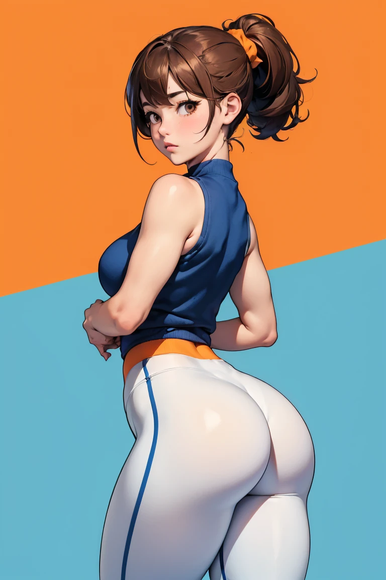 (best lighting) (best quality, masterpiece:1.2), (absurdres), one woman, shy, coy, flirtatious, short height, light brown hair tied up, big brown eyes, ((small breasts)), (thick, wide hips), chubby, big butt, blue gym leggings, white gym vest, (plain white and orange background)