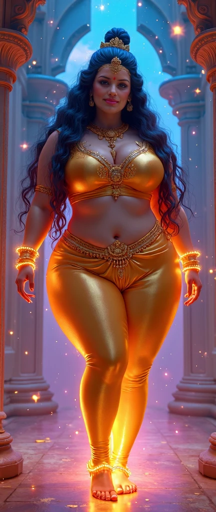 1female, a mature 50-year-old indian ifbb bimbo milf, dark skinned, white hair orange hair, intricate sheer iridescent sari, sparkling crystals, gold bra, glowing neon heeled sandals, tiger stripes print, detailed face, lipstick, thick lips, detailed body, detailed outfit