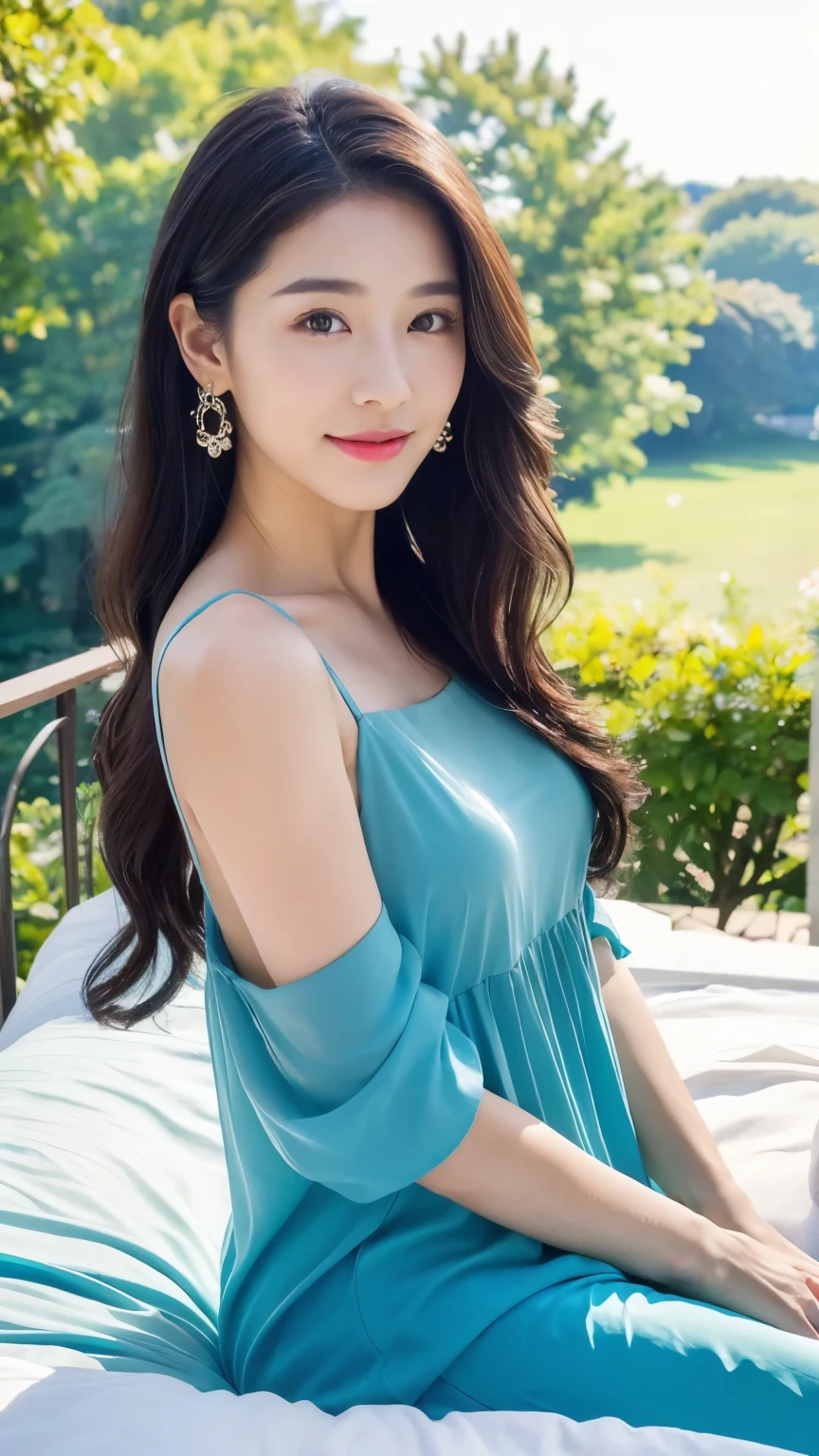 High resolution, high resolution, Ocean、Surrounded by colorful flowers,Japanese Girl, beautiful, very cute, Big eyes, The are very large, long hair, Superior Quality, Highest quality, Super detailed, Realistic, 8k, RAW Photos, Highest quality, masterpiece, Attractive girl, A wonderful girl, Sophisticated, smile, dress, Brown Hair、白いdress、