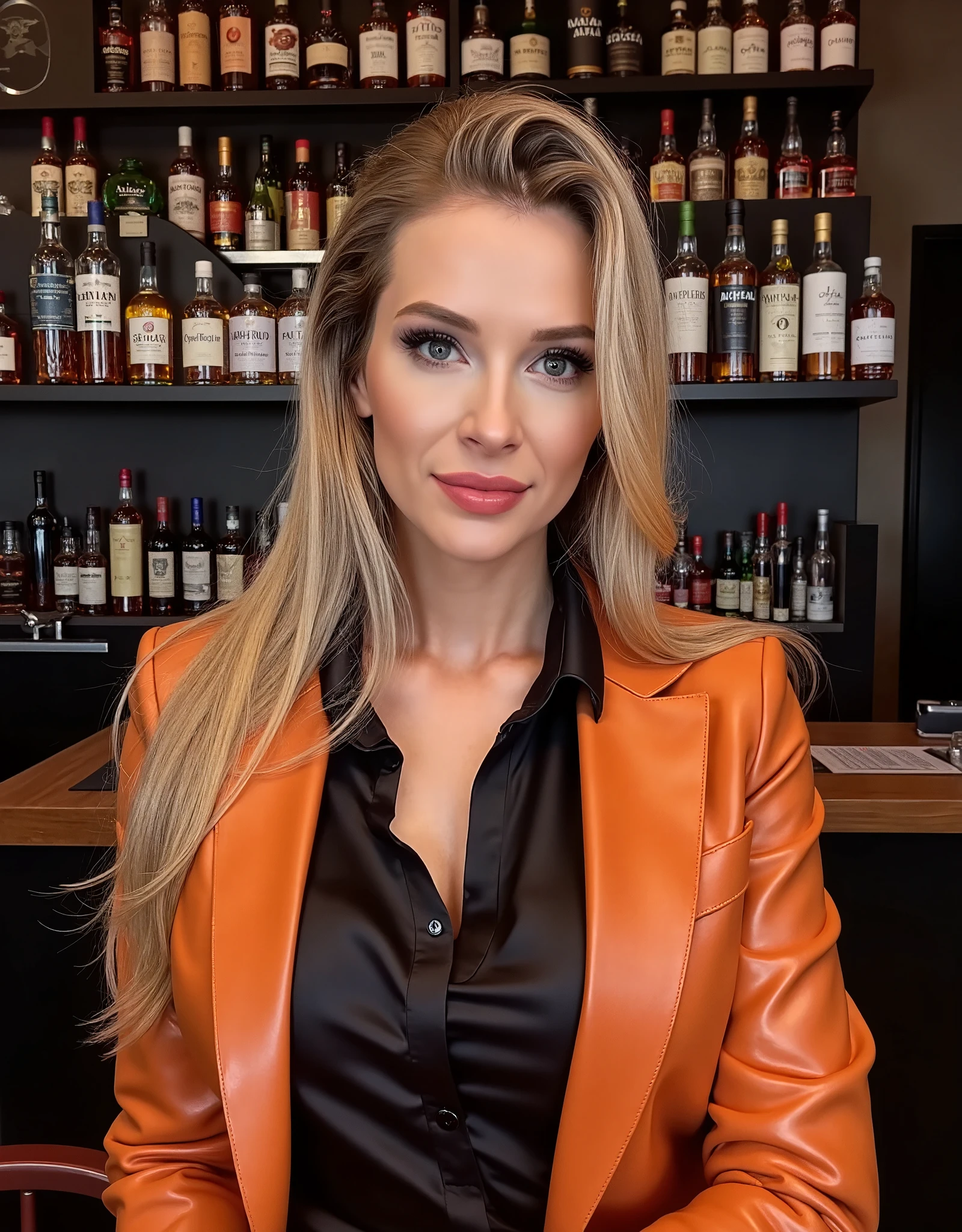 beb4h4nflxbeta, a beautiful female business executive wearing an orange leather Armani business suit with a open black buttondown shirt, wet slicked back blonde hair, strong seductive makeup, bedroom eyes, cinematic lighting, posing in front of a wall filled with different kinds of scotch whisky, whisky bar