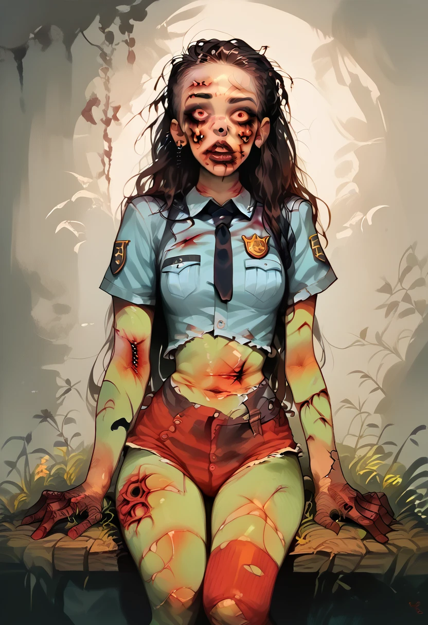 Photorealistic, high resolution, A Japanese Zombie police woman named Kimmi, solo, heavy makeup, Hips up, (Detailed face), Black and white  hair, Long hair. Blood stained face. Red striped underwear , Ripped white stockings . ripped police uniform 