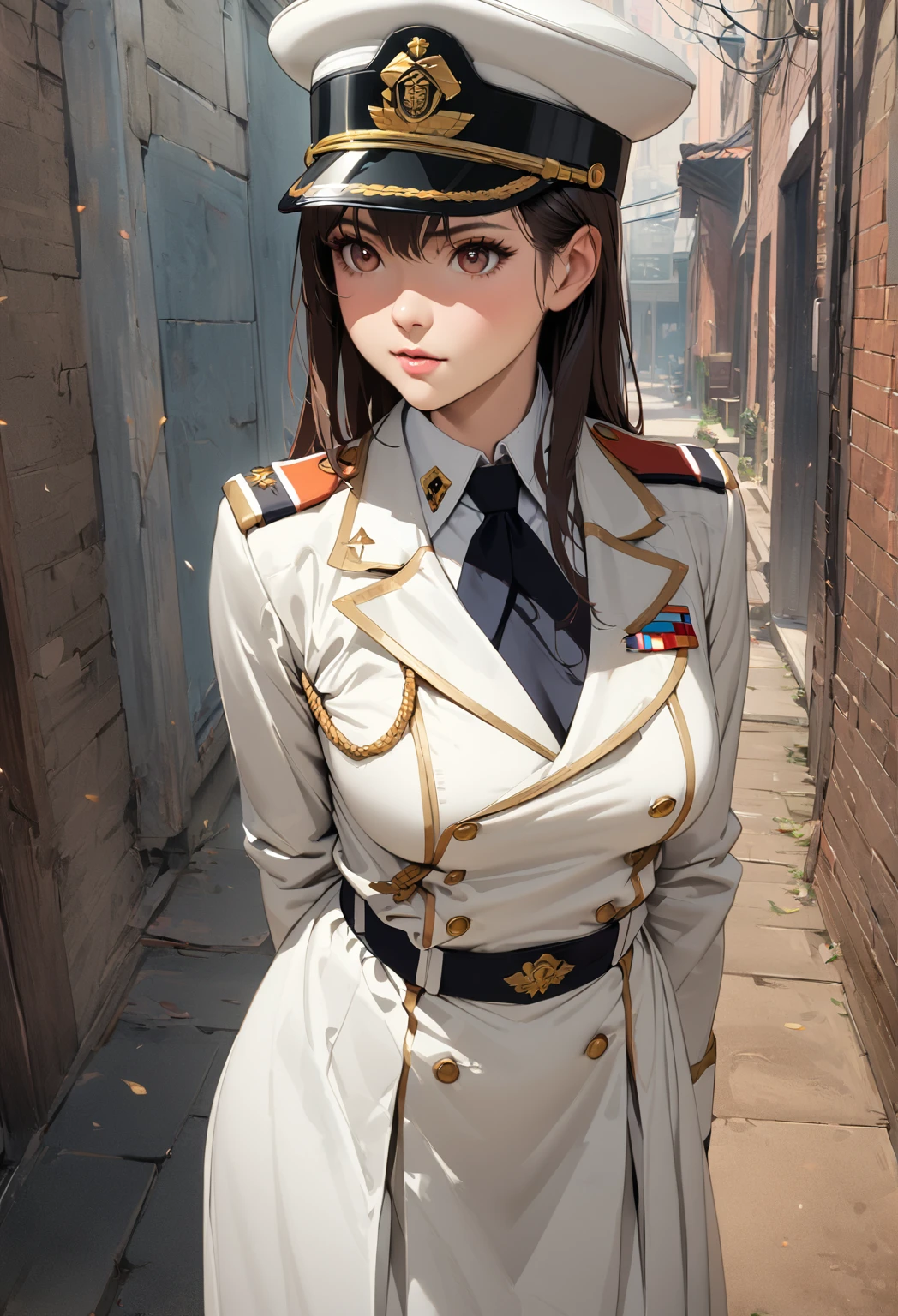  young beautiful woman,(Best Quality,Very detailed depiction, Incredible High Resolution , Anatomically Accurate Depiction ,High quality anime drawings),(Female admiral),(Blue and white military uniform,Admiral&#39;s Uniform, wearing sunglasses on her head),(Purple Eyes,Eyes half closed:1.2,Cute charm , Pottery Skin ,),(Full body image:1.3),Purple light,