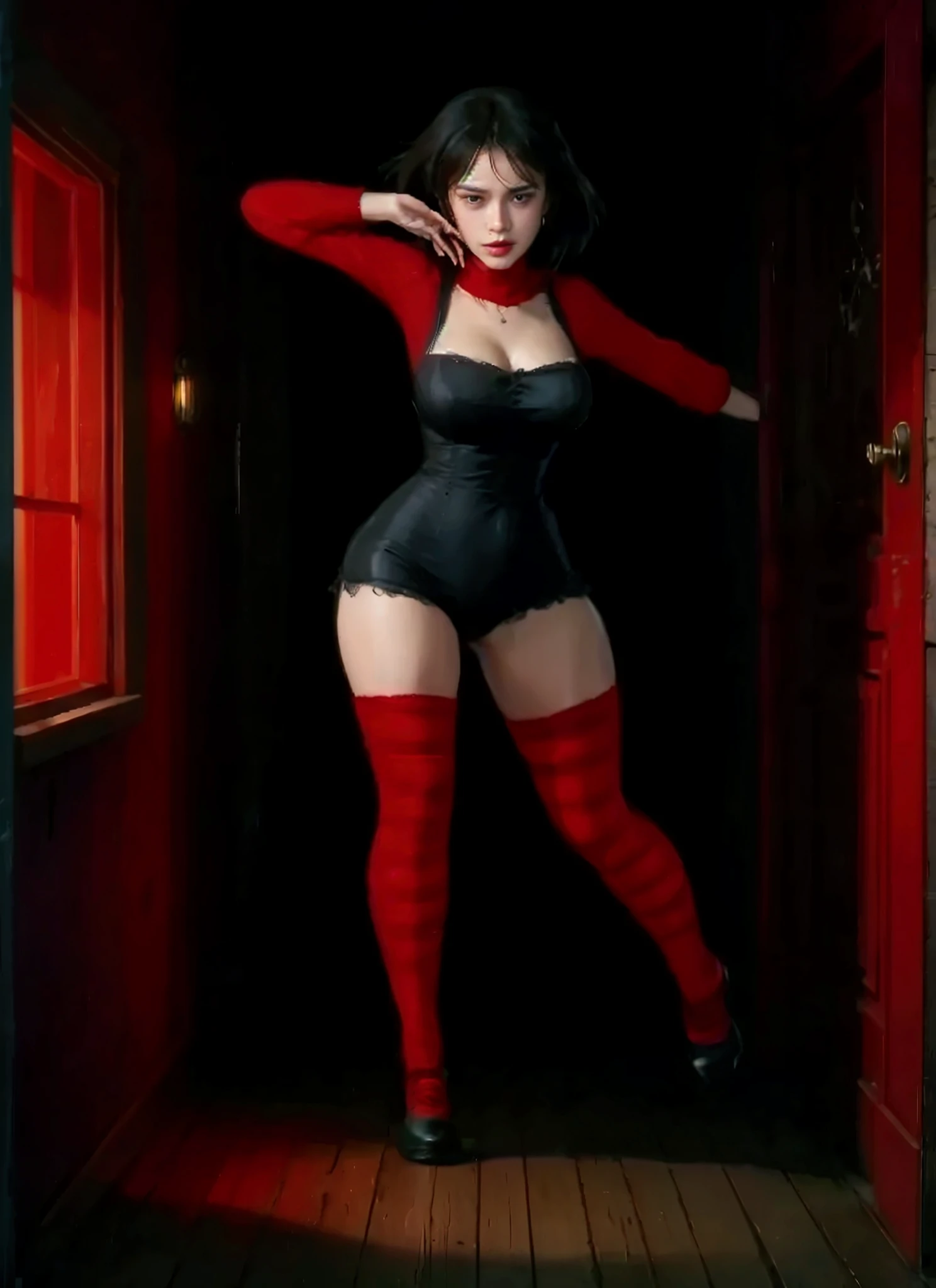 Macabre. an oil painting of dark figure, a girl clown smiling with red paint. tight leather shorts. dark ambient. background a dark room with red ballons.