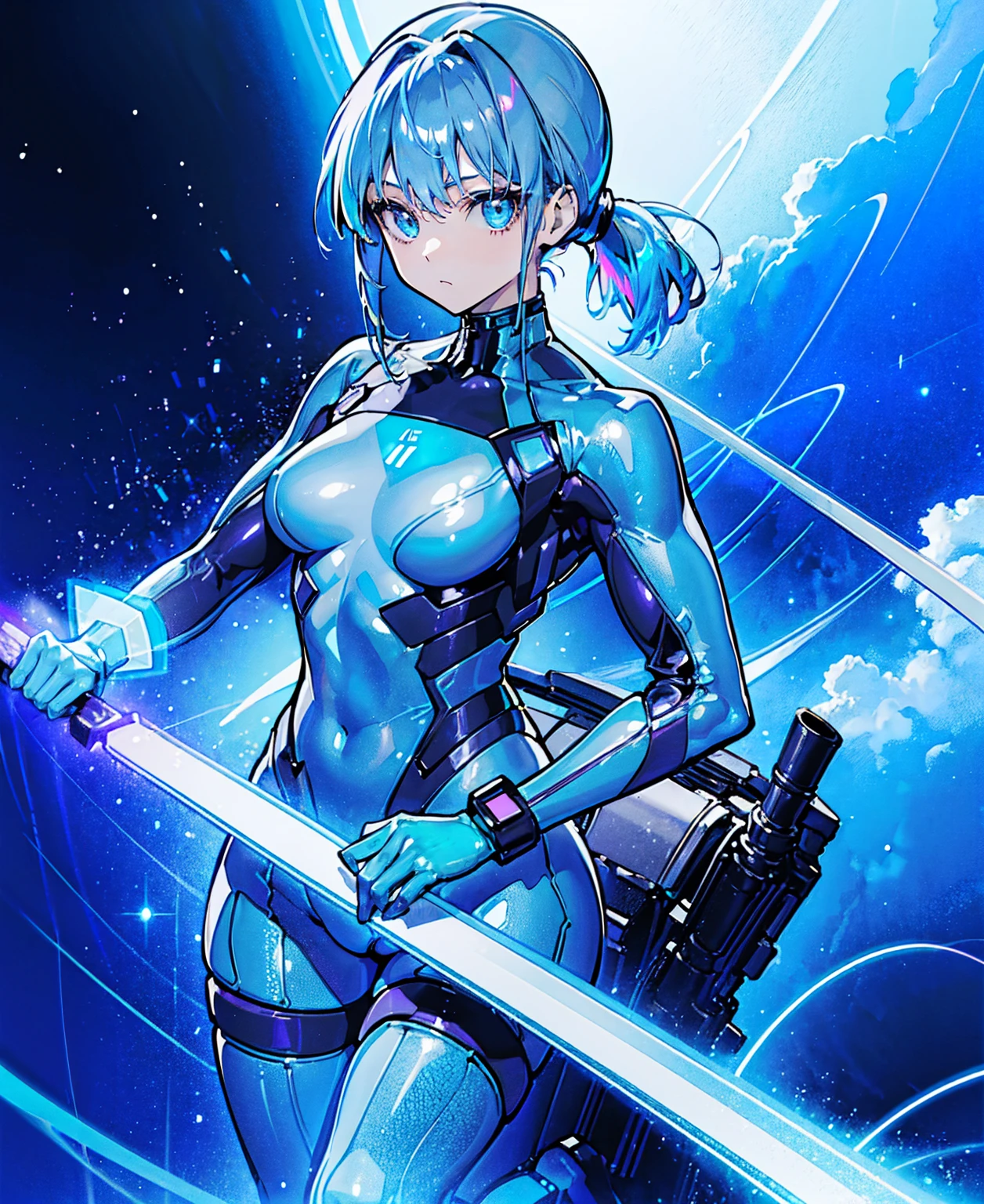 ((Holographic glow effect))、Blue Hair、Masterpiece、 Best Quality、1 person、Medium breast、(( album cover ))、 light on face、 slim body、Blue Costume、Exoskeleton、Metal Gear、 cyberpunk style、 ponytail、Gundam Pilot、attention arousal，Ride a fighter jet 