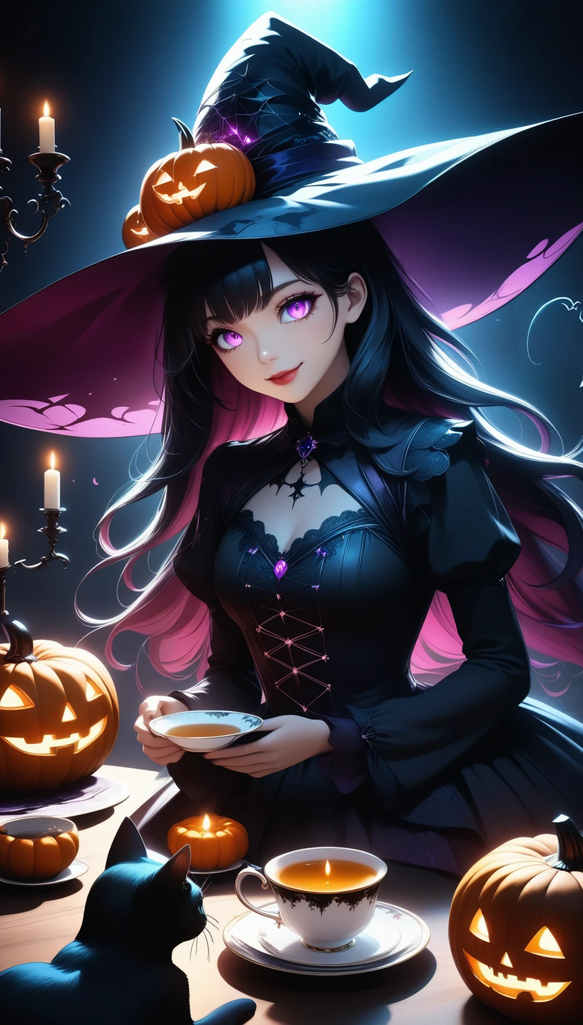  Witch Having a Halloween Tea Party、smile、Detailed face、Detailed eyes、Detailed lips、Long Hair、Detailed Hair、Detailed clothing、 Detailed Teacup and Saucer 、 Intricate Teapot 、candlestick、Pumpkin、Spiderweb Table 、Black Cat、Moody lighting、(Best Quality:1.2、 very detailed 、 super high definition、 high contrast 、 Anime style 、 detailed CG illustration、masterpiece:1.2、Best aesthetics)、  Dark Fantasy 、 dramatic lighting 、Neon Effect:1.2、Rich colors、Gothic、  Dramatic Shadows 