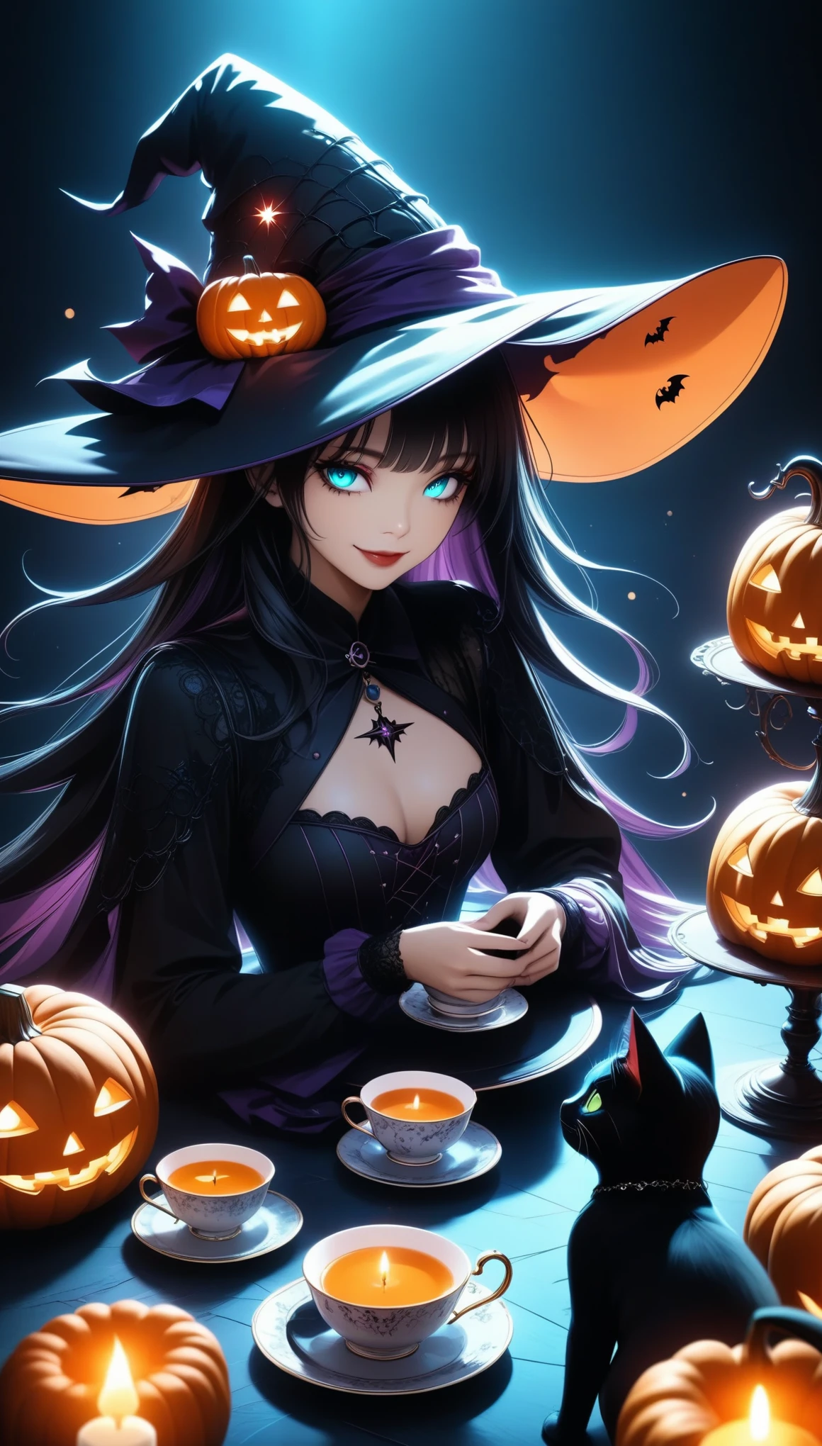  Witch Having a Halloween Tea Party、smile、Detailed face、Detailed eyes、Detailed lips、Long Hair、Detailed Hair、Detailed clothing、 Detailed Teacup and Saucer 、 Intricate Teapot 、candlestick、Pumpkin、Spiderweb Table 、Black Cat、Moody lighting、(Best Quality:1.2、 very detailed 、 super high definition、 high contrast 、 Anime style 、 detailed CG illustration、masterpiece:1.2、Best aesthetics)、  Dark Fantasy 、 dramatic lighting 、Neon Effect:1.2、Rich colors、Gothic、  Dramatic Shadows 