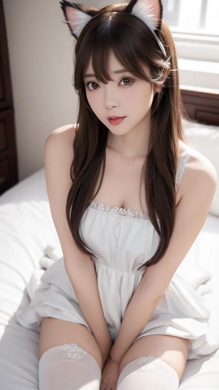 1girl, solo, long hair, breasts, looking at viewer, bangs, brown hair, thighhighs, dress, animal ears, brown eyes, sitting, closed mouth, full body, frills, sleeveless, indoors, cat ears, white dress, blurry, white thighhighs, lips, pillow, bed, blurry background, fake animal ears, on bed, wariza, stuffed toy, between legs, realistic, bedroom