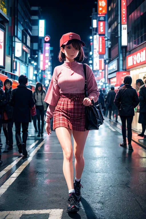 1girl, white hairs, ower sized hoodie, on street, neon lights, skirts, tattoos, jewelry, night, bio robot, high resolution, 8k, foggy, empty street, long socks, red eyes, smile, blush