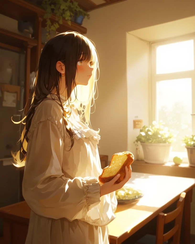 1girl,solo,cute girl,bright color,detail eyes,magic eyes,de01,A radiant, sunlit kitchen bathed in soft golden light, where a that graceful young girl stands by a wooden table. She holds a single slice of freshly baked bread delicately in her hand, gazing at it with a serene and thoughtful expression. The bread glows with warmth, as if representing simplicity and comfort. Her long, flowing hair catches the sunlight streaming through the large window, creating a halo of brilliance around her. The bright, airy atmosphere, with rustic decor and soft pastel tones, adds to the charm, making the entire scene feel poetic and deeply creative. The contrast between her youthful elegance and the humble bread makes the image both captivating and peaceful, celebrating the beauty of everyday moments