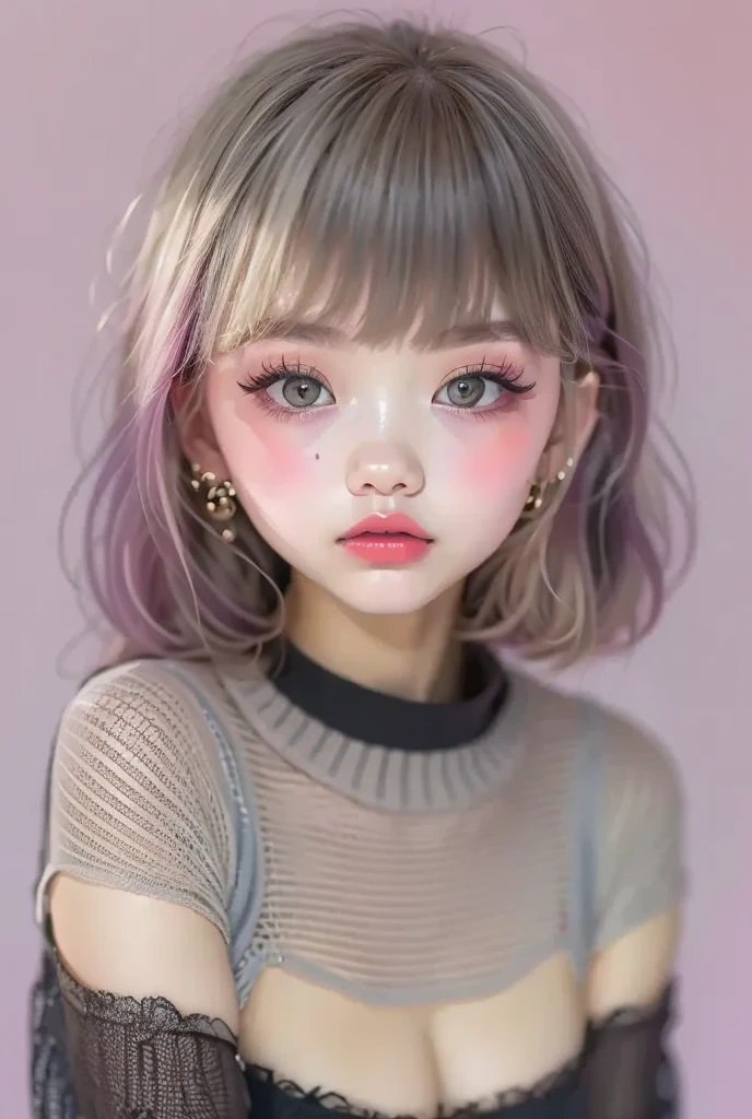 ((Very realistic)), (  super realistic), If you use 、 very realistic images are generated  ,  white back drops ,,Remove  female、 short pink black bob hair  ,  hide your forehead with bangs  , white silver eyes  ,Long False Eyelashes, clear eyeliner 、Thick lips,,  moisturized drips dyed with clear lip balm、  open the center of your lips  、 very detailed lips, Big Mouth, full, fluffy,  shiny lips with lip balm  、Pale pink lips , Clear Lip Gloss、  white off the shoulder sheer sweater ,Black tights、  full body portrait  , 