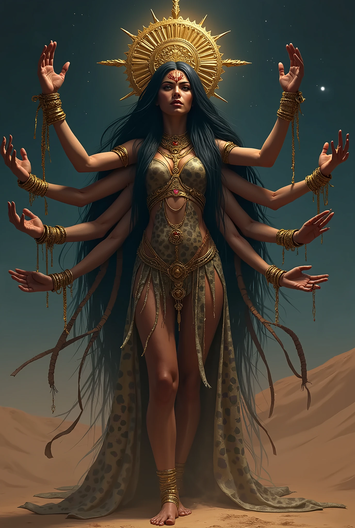 Conjoined naked gorgon with four heads, cobras as hairs, four boobs and six arms