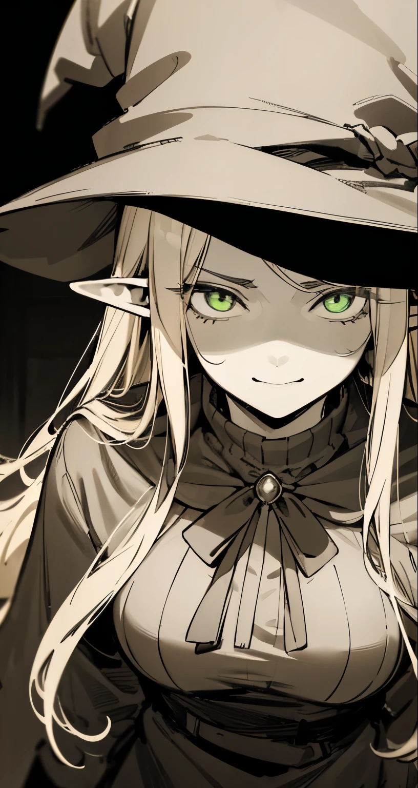 { 4k wallpaper : illustration : beautiful detailed eyes : extremely detailed face : perfect lighting : extremely detailed CG } { half-monochrome filter }{ horror gloomy atmosphere} { dark horror theme } { in a dark  room } { possessed Marcille : long elegant blonde hair : elf  : glowing green eyes :  : perfectly shape breast : perfectly smooth fit  body : cute face :  :  : looking at viewer : smug : devious smile : } { school_sweater : witch_hat } { smooth : }