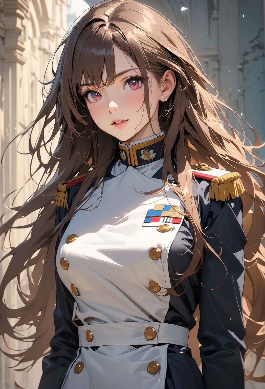  young beautiful woman,(Best Quality,Very detailed depiction, Incredible High Resolution , Anatomically Accurate Depiction ,High quality anime drawings),(Female admiral),(Blue and white military uniform,Admiral&#39;s Uniform, wearing sunglasses on her head),(Purple Eyes,Eyes half closed:1.2,Cute charm , Pottery Skin ,),(Full body image:1.3),Purple light,