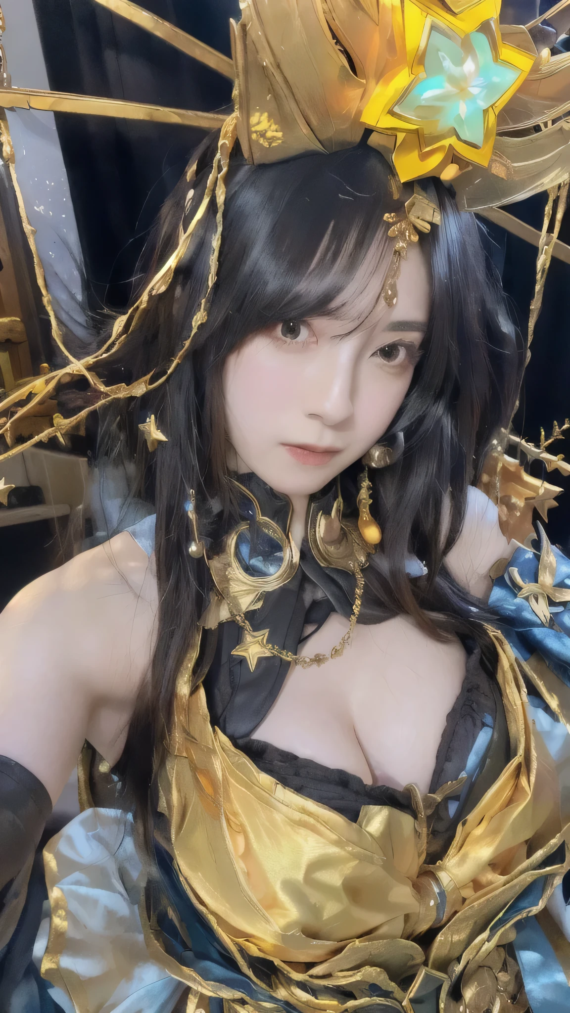 a close up of a woman in a costume with a star on her head, ornate cosplay, anime goddess, irelia from league of legends, cosplay, professional cosplay, anime cosplay, ig model | artgerm, extremely detailed goddess shot, senna from league of legends, irelia, glamourous cosplay, albedo from overlord, anime girl cosplay