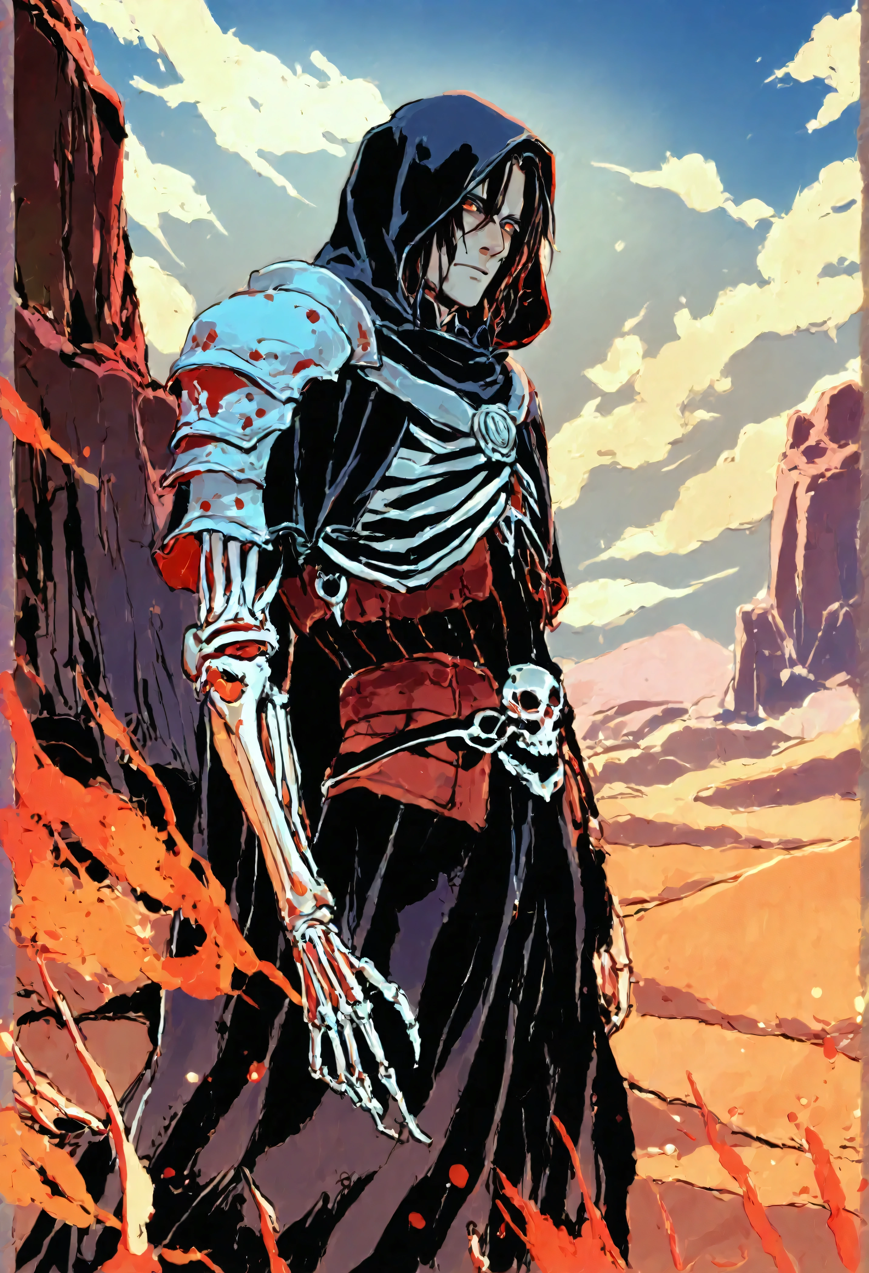 score_9, score_8_up, score_7_up, solo, male, God of The Desert, God of Death, The Eroded Prince, Skeletal undead, heavy spiked armour, hooded cloak, Desert background, chaotic evil alignment, dungeons and dragons character, highly detailed, dnd, cowboy shot, semi-realistic