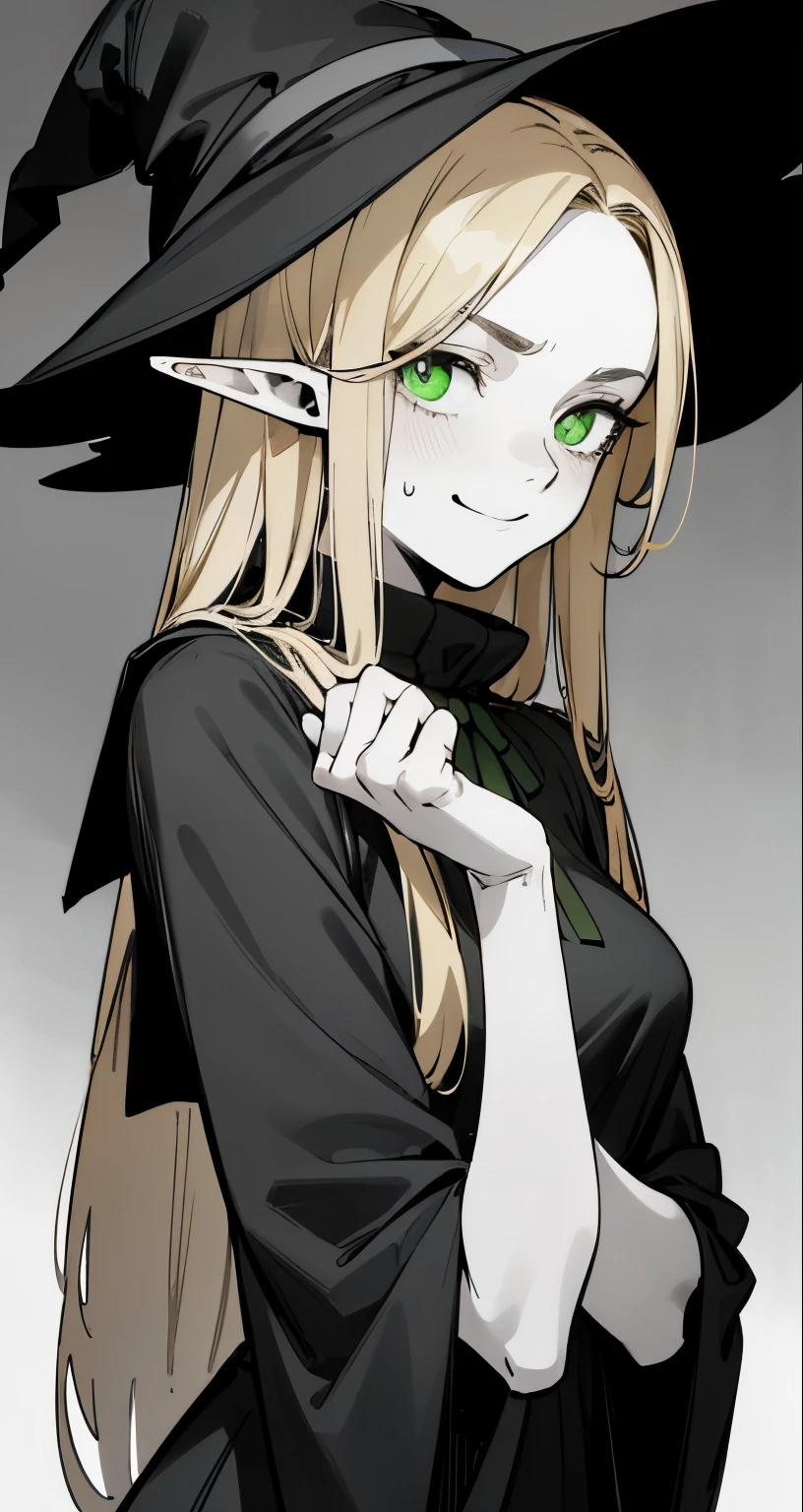 { 4k wallpaper : illustration : beautiful detailed eyes : extremely detailed face : perfect lighting : extremely detailed CG } { half-monochrome filter }{ horror gloomy atmosphere} { dark horror theme } { in a dark  room } { possessed Marcille : long elegant blonde hair : elf  : glowing green eyes :  : perfectly shape breast : perfectly smooth fit  body : cute face :  :  : looking at viewer : smug : devious smile : } { school_sweater : witch_hat } { smooth : white_background}