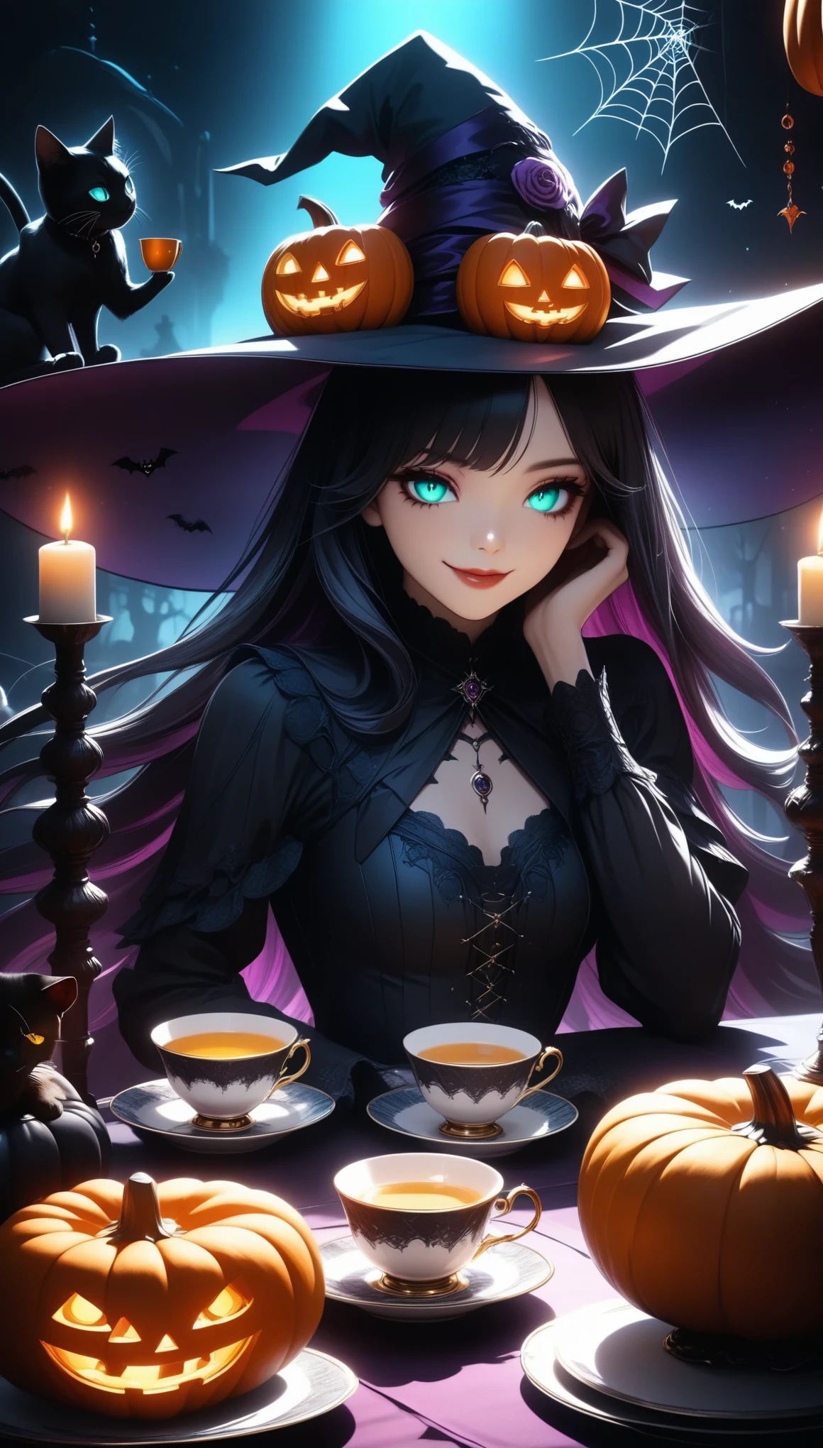  Witch Having a Halloween Tea Party、smile、Detailed face、Detailed eyes、Detailed lips、Long Hair、Detailed Hair、Detailed clothing、 Detailed Teacup and Saucer 、 Intricate Teapot 、candlestick、Pumpkin、Spiderweb Table 、Black Cat、Moody lighting、(Best Quality:1.2、 very detailed 、 super high definition、 high contrast 、 Anime style 、 detailed CG illustration、masterpiece:1.2、Best aesthetics)、  Dark Fantasy 、 dramatic lighting 、Neon Effect:1.2、Rich colors、Gothic、  Dramatic Shadows 