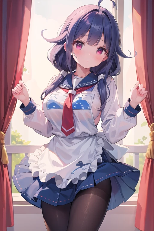  beautiful illustrations、(masterpiece、 best quality 、8k ), ( beautiful details), Detailed painted face,  perfect lighting,   very detailed CG, (Perfect hands,  Perfect Anatomy), 1 cute girl,girl, Cute face, Blue Hair、TaigeIKC,Big Breasts, ,( Long Sleeve ) , (red)   neckerchief , (green)  sailor color , (whale print)  White Apron , (green pleated skirt), (black) pantyhose, Thighs、Idol Pose、