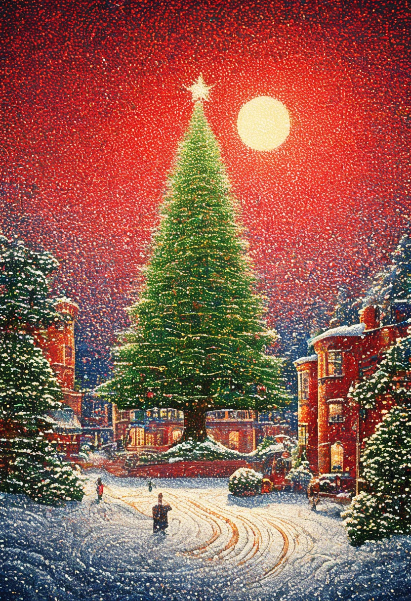 Subject and Motifs: A large Christmas tree stands in the center of a street lined with red brick buildings. The branches and leaves of the tree are depicted with intricate textures and material expressions, emphasizing gloss and three-dimensionality. Snow falls delicately like pointillism, with crystal patterns, floating in a dreamy winter night sky. The overall color scheme is based on dark blue, contrasting with the deep, vibrant red of the red brick streets and the tree's decorations. In the background, the soft glow of city lights is visible.

Color Palette: Blue-gray, Accent color, vivid, Neon, bold vibrant color contrast, Split-complementary color scheme, Blood red.

Composition and Layout: The composition features a large Christmas tree in the center, with a view of the tree's entirety and the surrounding street. The tree's branches are decorated with vibrant green and gold, while snow is expressed through crystal shapes and pointillism. City lights are also rendered in pointillism, all set against a dark blue backdrop.

Texture and Material: Layer style design and geometric pattern, stained glass texture, Expressing light with pointier technique, best aesthetic, beautiful curve drawing, Staff notation pattern.

Lighting and Shadows and something Effect: natural lighting, neon lighting, bright lighting, high-contrast, neon color, Rim light, Bounce light, Soft light, Lens flare.

Mood and Atmosphere: chic, chill, dreamy, nostalgic, aesthetic, sadness, happiness, quiet, easy.

Quality: (((super fine Printing art illustration, masterpiece, ultra detailed, ultra high res, 16k)))